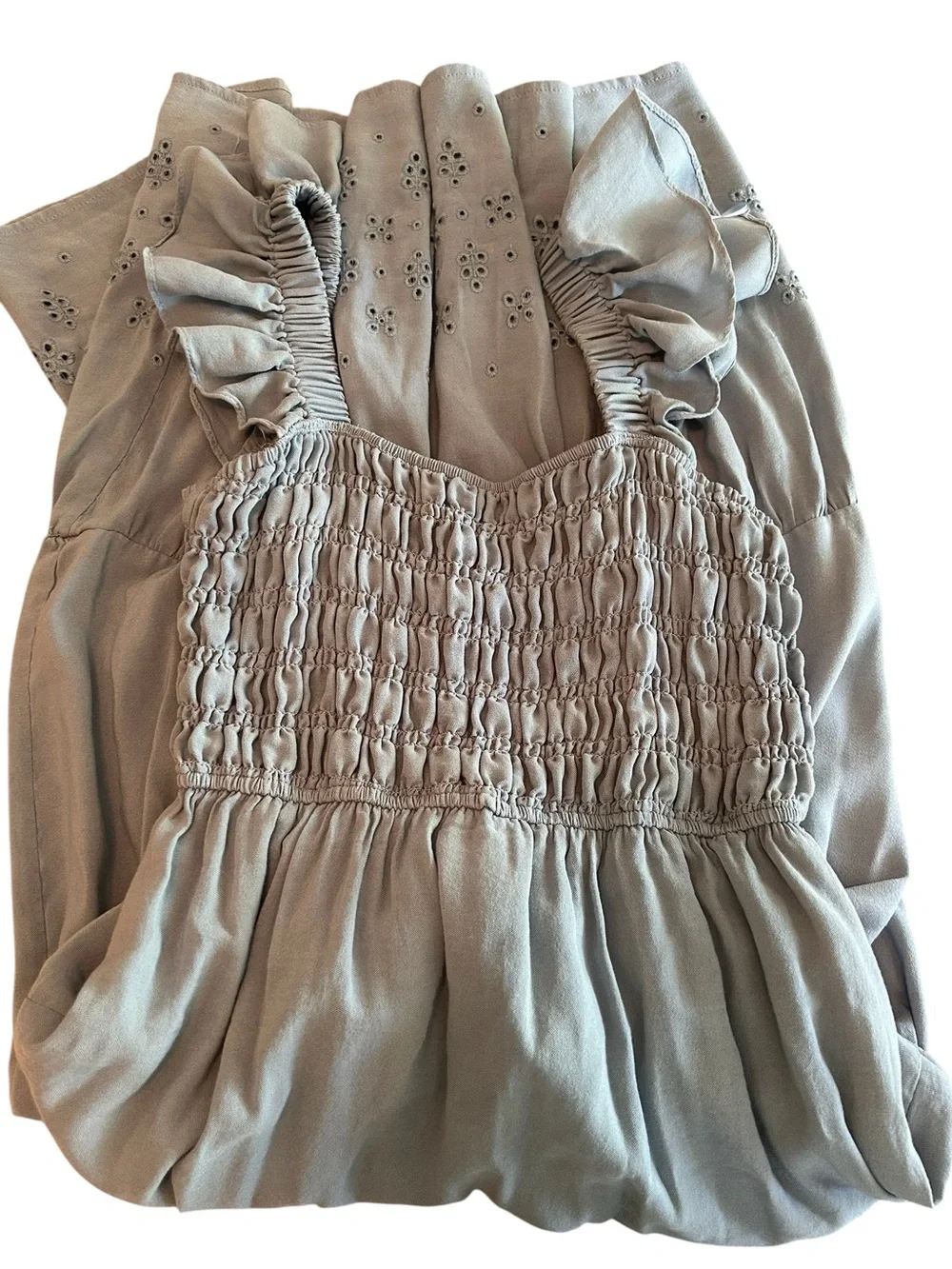 CottageCore - Romantic - Feminine Blue Smocked Tiered Ruffled Tea-length Dress L - Picture 2 of 6